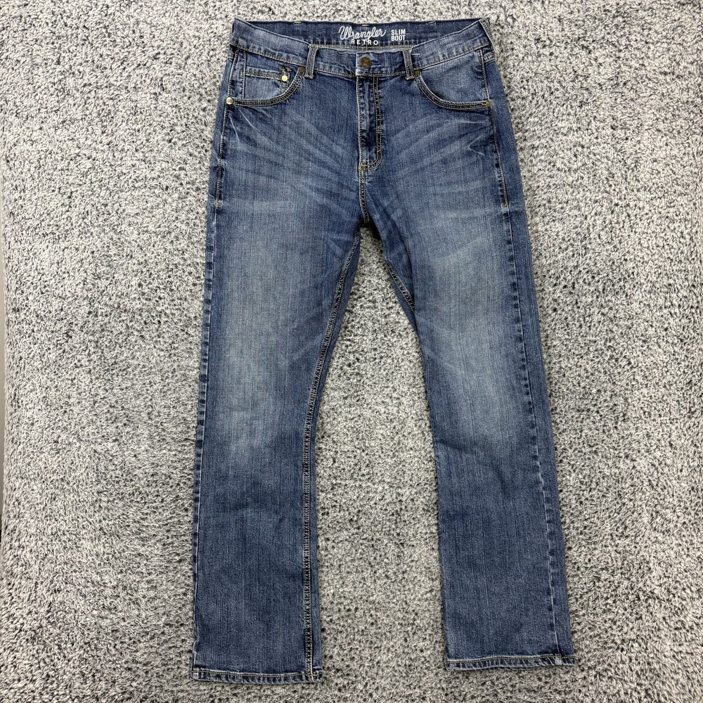 Wrangler Retro Jeans Mens 35x34 Blue Denim Slim Bootcut Stretch Whiskers Fade